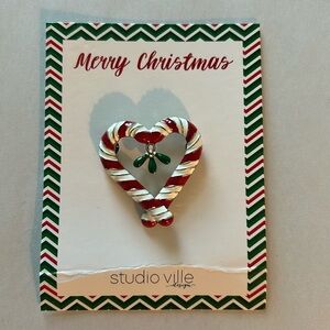 NWT Christmas wreath brooch made with candy canes and mistletoe by Studio Ville